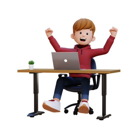 Hoodie Boy Happy At Workplace  3D Illustration