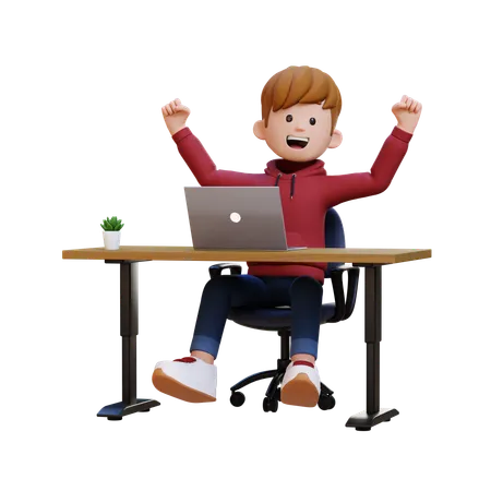 Hoodie Boy Happy At Workplace  3D Illustration