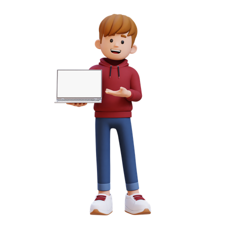 Hoodie Boy Holding And Presenting To Laptop With Empty Screen  3D Illustration