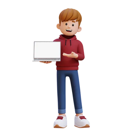 Hoodie Boy Holding And Presenting To Laptop With Empty Screen  3D Illustration