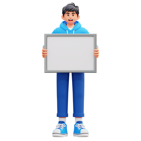 Hoodie Boy Holding Blank Frame  3D Illustration