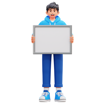 Hoodie Boy Holding Blank Frame  3D Illustration