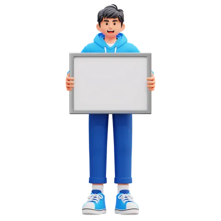 Hoodie Boy Holding Blank Frame  3D Illustration