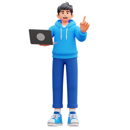 Hoodie Boy Holding Laptop While Giving Presentation  3D Illustration