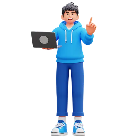 Hoodie Boy Holding Laptop While Giving Presentation  3D Illustration
