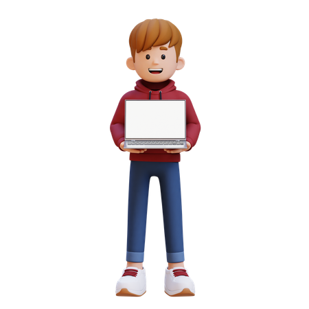 Hoodie Boy Holding Laptop With Empty Screen  3D Illustration