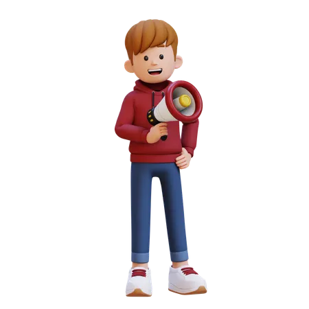 Hoodie Boy Holding Megaphone  3D Illustration