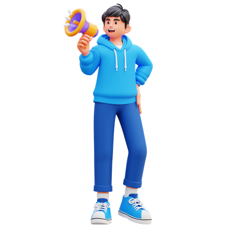 Hoodie Boy Holding Megaphone While Doing Marketing  3D Illustration