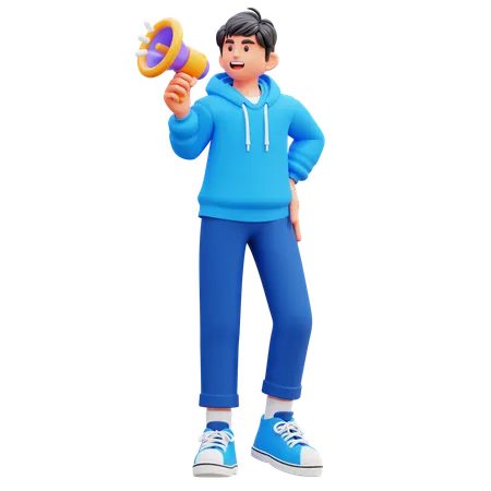 Hoodie Boy Holding Megaphone While Doing Marketing  3D Illustration