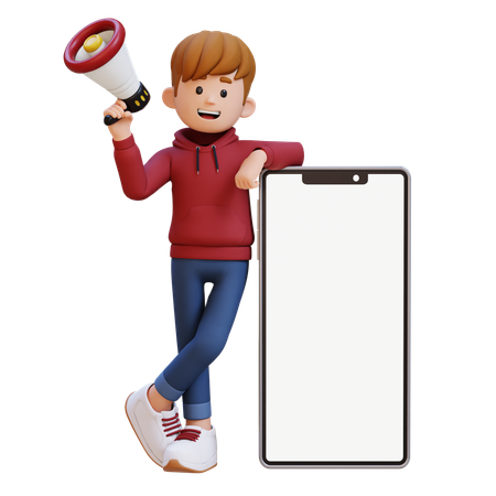 Hoodie Boy Holding Megaphone While Standing With Big Smartphone With Empty Screen  3D Illustration