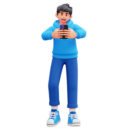 휴대전화를 들고 있는 후드티 소년  3D Illustration