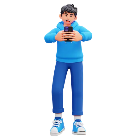 휴대전화를 들고 있는 후드티 소년  3D Illustration