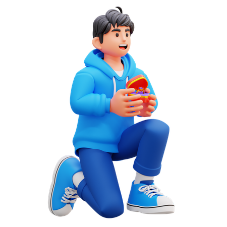 Hoodie Boy Holding Sitting On Knee With Ring Box While Proposing Someone  3D Illustration