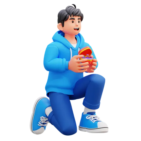 Hoodie Boy Holding Sitting On Knee With Ring Box While Proposing Someone  3D Illustration