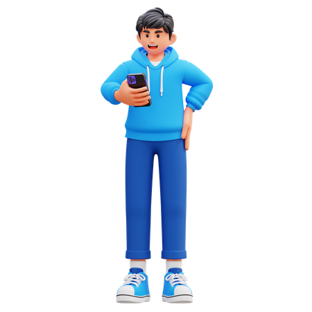 스마트폰을 들고 있는 후드티 소년  3D Illustration