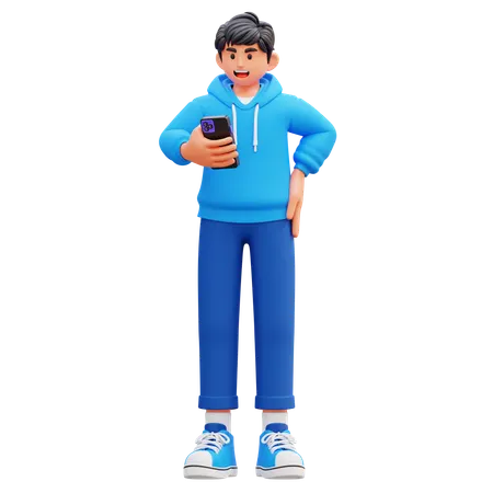 스마트폰을 들고 있는 후드티 소년  3D Illustration