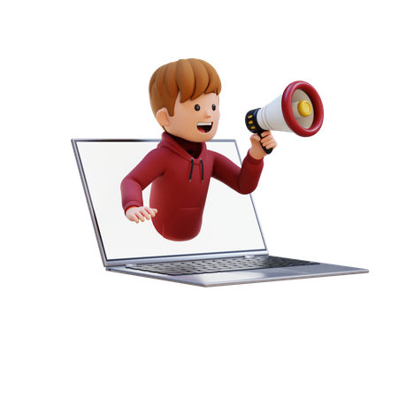 Hoodie Boy Jumping Out From Laptop Screen And Holding Megaphone  3D Illustration