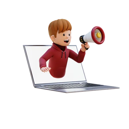 Hoodie Boy Jumping Out From Laptop Screen And Holding Megaphone  3D Illustration