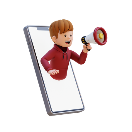 Hoodie Boy Jumping Out From Smartphone Screen And Holding Megaphone  3D Illustration