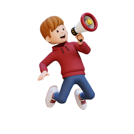 Hoodie Boy Jumping With Megaphone While Doing Marketing  3D Illustration