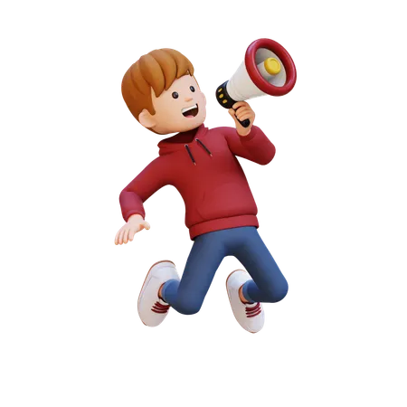 Hoodie Boy Jumping With Megaphone While Doing Marketing  3D Illustration