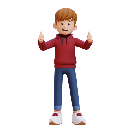 Menino com capuz mostrando dois polegares para cima  3D Illustration