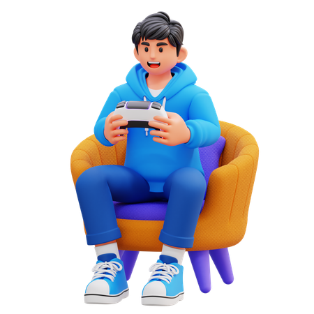 의자에 앉아 게임을 하는 후드티 소년  3D Illustration