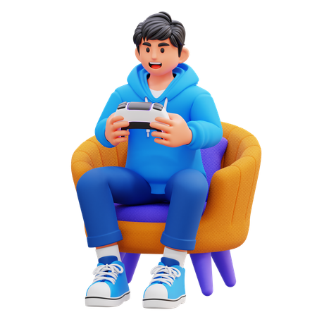 Hoodie Boy Playing Game In Chair  3D Illustration