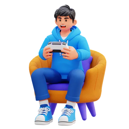 Hoodie Boy Playing Game In Chair  3D Illustration