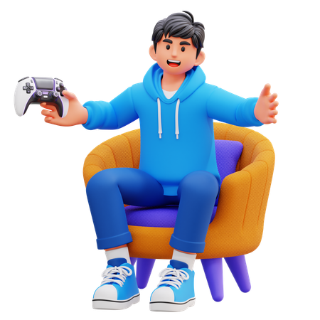Hoodie Boy Playing Game On Couch  3D Illustration