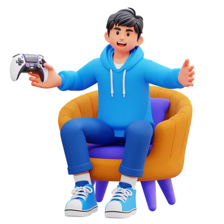 Hoodie Boy Playing Game On Couch  3D Illustration