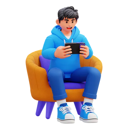 Hoodie Boy Playing Video Game On Couch  3D Illustration
