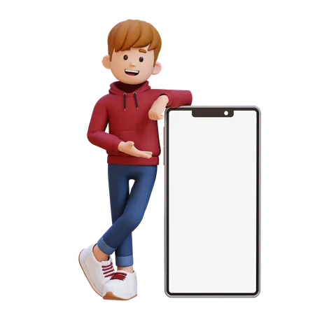 Hoodie Boy Presenting On Big Smartphone With Empty Screen  3D Illustration