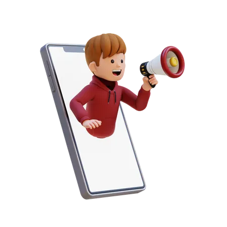 Menino com capuz saltando da tela do smartphone e segurando um megafone  3D Illustration