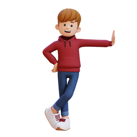 透明な壁を押すパーカーの少年  3D Illustration