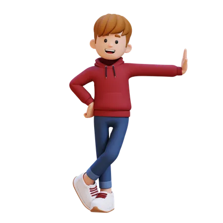 Hoodie Boy Pushing On Transparent Wall  3D Illustration