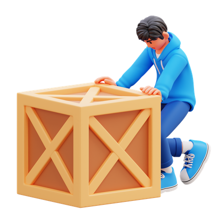 Hoodie Boy Pushing Wooden Crate  3D Illustration