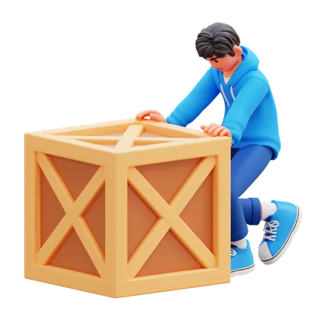 Hoodie Boy Pushing Wooden Crate  3D Illustration