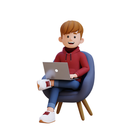 Menino com capuz sentado no sofá enquanto trabalha no laptop  3D Illustration