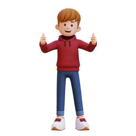 Hoodie Boy Showing Double Thumbs Up  3D Illustration