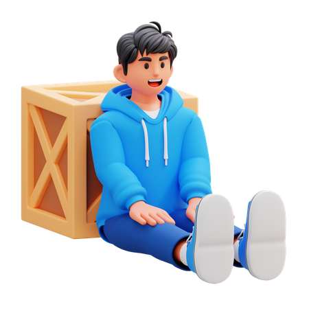 Hoodie Boy Sitting By Crate  3D Illustration