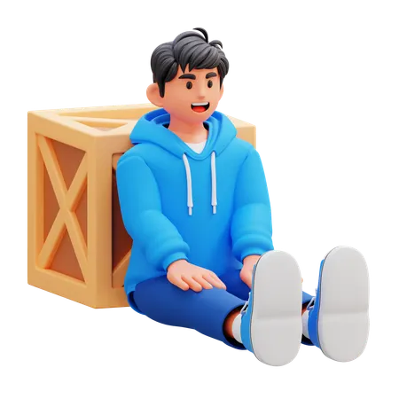 Hoodie Boy Sitting By Crate  3D Illustration