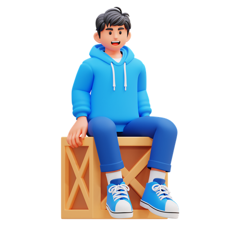 Hoodie Boy Sitting On Crate  3D Illustration