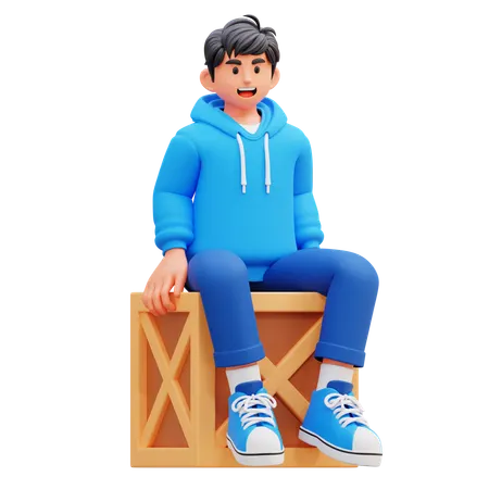 Hoodie Boy Sitting On Crate  3D Illustration