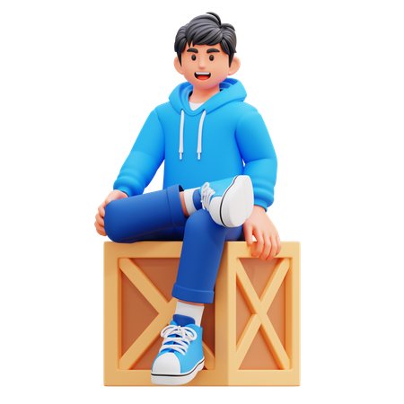 Hoodie Boy Sitting On Crate  3D Illustration
