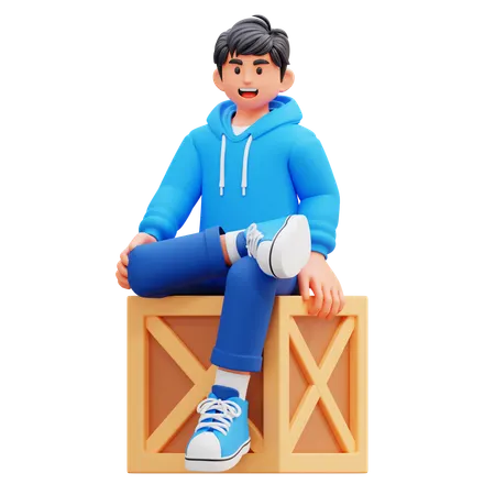 Hoodie Boy Sitting On Crate  3D Illustration