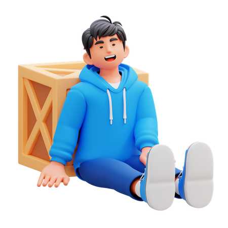 Hoodie Boy Sitting With Crate  3D Illustration