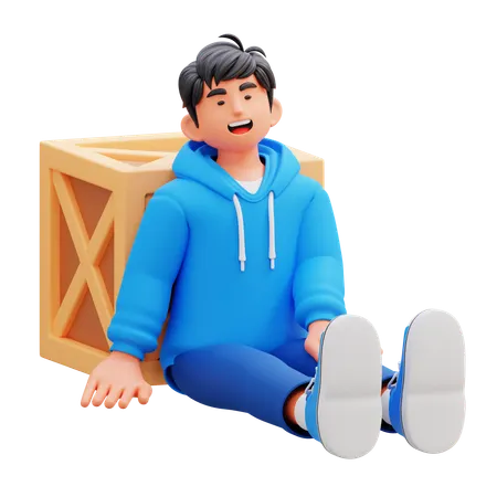 Hoodie Boy Sitting With Crate  3D Illustration