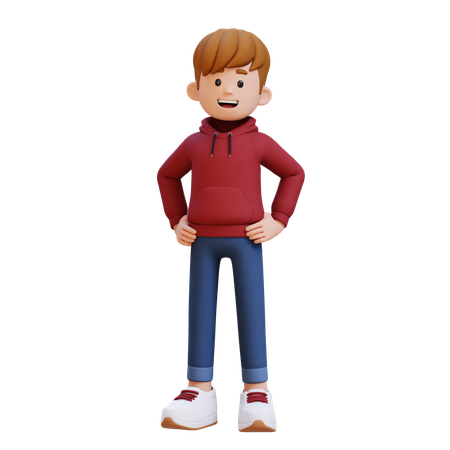 腰に手を当てて立っているパーカーの男の子  3D Illustration