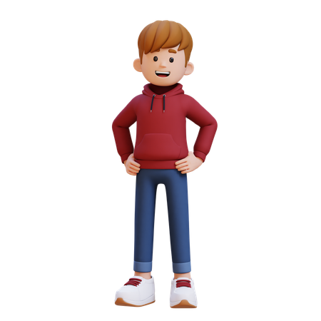 Hoodie Boy Standing While Hands On Hip  3D Illustration